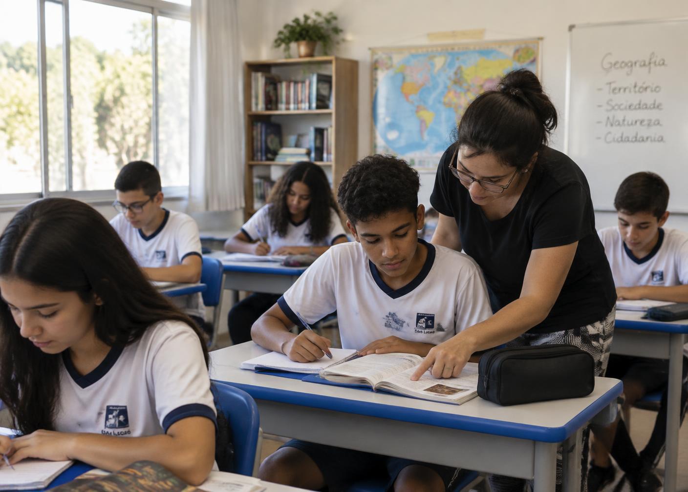 Professora orientando alunos do ensino fundamental em sala de aula