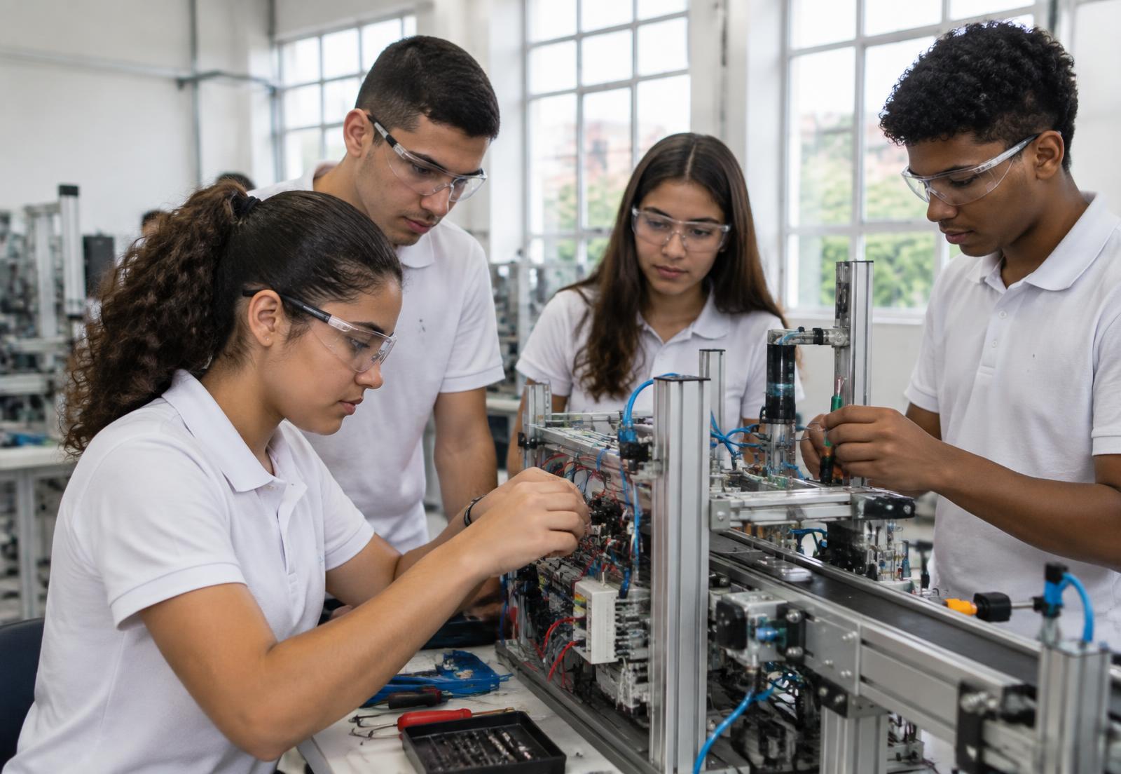 Alunos da Esatec em aula prática em bancada de automação industrial